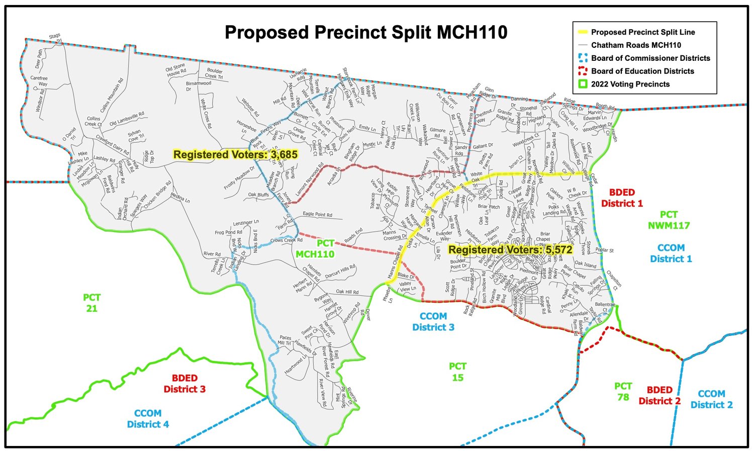 The Manns Chapel voting precinct is being split into two new smaller precincts, thanks to population growth in the area. Chatham's Board of Elections is seeking suggestions for names for both precincts.